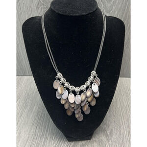 Lia‎ Sophia Necklace Womens Gray Cord Shell Disc Bib Statement Silver Tone